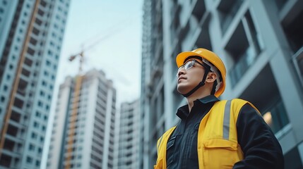 Poster - Tablet engineer and man with helmet on construction site for development or building in city on project Male person tech and architecture as manager for progress in industrial design a : Generative AI