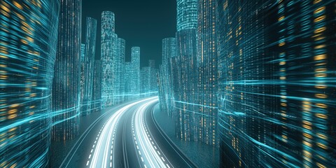 Poster - abstract highway path through digital binary towers in futuristic cityscape. road depicted as high-s
