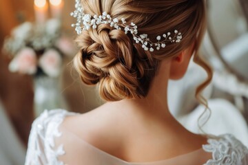 Beautiful bride hairstyle in close-up. Elegant woman with blond hair, flowers in her hair, wedding preparation focus. Hairdresser expertise on display.