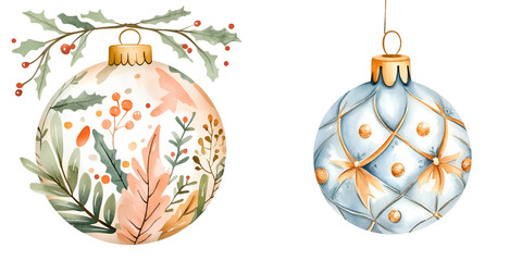 Wall Mural - Elegant Watercolor Christmas Ornaments with Botanical Details