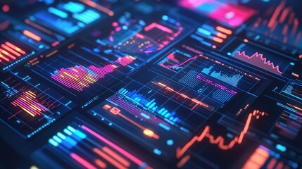 Poster - A digital representation of insurance software with charts, graphs, and data streams.