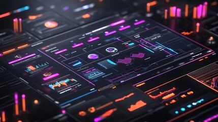 Poster - A digital representation of insurance software with charts, graphs, and data streams.