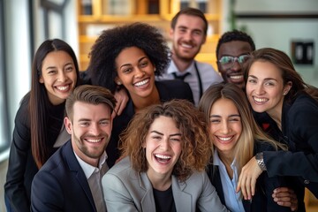 Group of business professionals smiling confidently together. Colleagues pose with relaxed expressions at the office. Leaders and team members collaborate and communicate effectively.