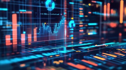 Poster - A digital representation of insurance software with charts, graphs, and data streams.
