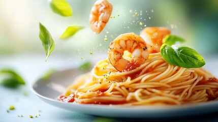 Wall Mural - Shrimp pasta marinara paste levitating on white background with basil leaves falling in plate Seafood spaghetti Mediterranean cuisine : Generative AI