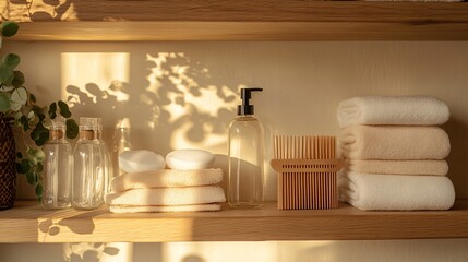 Product photo, zero waste personal care items, reusable cotton pads, wooden comb, glass deodorant container, neatly arranged on a wooden shelf, warm ambient lighting, soft shadows