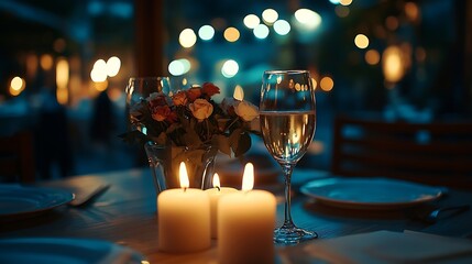 Poster - Candlelight date in restaurant Champagne glasses bouquet flowers Romantic dinner setup at night Table setting for couple Valentines Day evening burning candles for surprise marriage pr : Generative AI