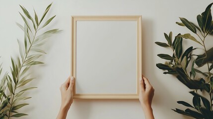 Poster - Cropped vertical view of woman hands hanging beige picture frame with copy space Female hold blank poster against white wall Art placard in room Concept of home decor : Generative AI