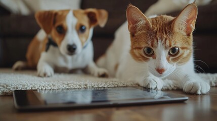 Wall Mural - A digital representation of pet insurance on a tablet, with a cat and dog in the background.