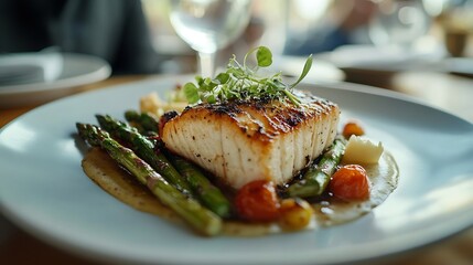 Poster - Closeup of a gourmet dish with asparagus possibly fish and garnishes on a white plate with a person dining in the background : Generative AI