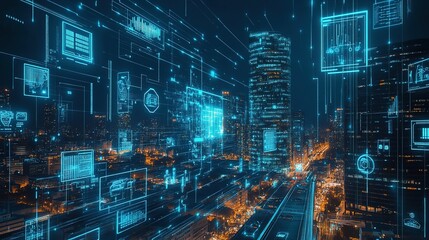 Poster - A digital transformation in the insurance industry represented by futuristic icons and a cityscape.