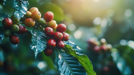 Wall Mural - Closeup of coffee fruit in coffee farm and plantations in Brazil : Generative AI