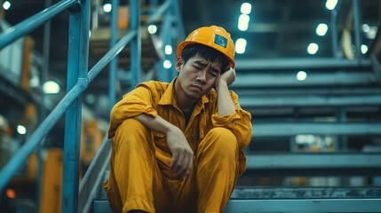 Poster - Engineer industry unemployed Feeling stress tired and headache asian man sitting depressed on stair at site worker male crisis in factory fired unemployment from economy lost job joble : Generative AI