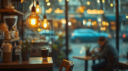 Poster - Blurred images of the coffee shop cafe interior background and lighting bokeh : Generative AI