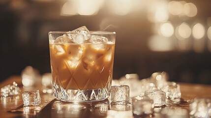 Aufkleber - Iced coffee with ice cubes in a glass on the table : Generative AI