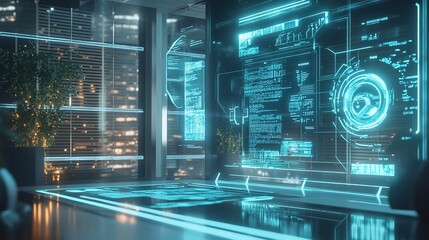 Poster - A futuristic representation of insurance innovation with holographic displays and technology icons.
