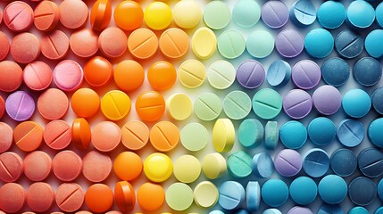 Wall Mural - Pills arranged in a gradient spectrum pattern, forming lines of vibrant colors, neat composition, sharp details, high contrast, bright lighting, clean white background, hd quality, natural look.