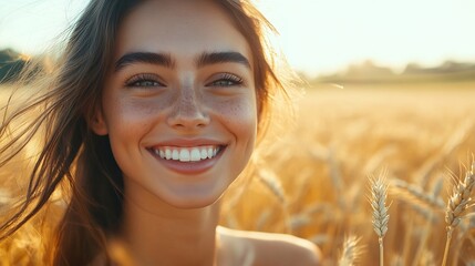 Happy beautiful woman smiling at camera in a wheat field  Delightful female enjoying summertime sunny day outside  Wellbeing mental health body care and happiness concept : Generative AI