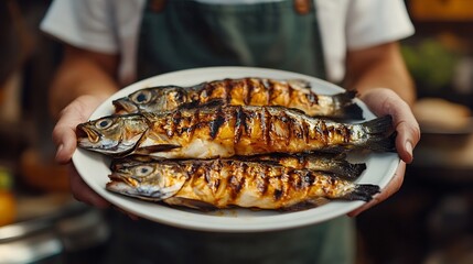 Poster - a man holds a plate of grilled fish : Generative AI
