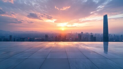 Aufkleber - Empty square floors and city skyline with modern buildings at sunset in Guangzhou Panoramic view : Generative AI
