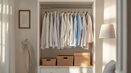 clothes hanging on rail in white wardrobe with boxes : Generative AI