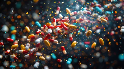 Wall Mural - Pills exploding outward in a burst of color, vivid hues, high contrast, sharp focus, bright lighting, dark background, dynamic action, hd quality, natural look. --ar 16:9 --v 6.0 --s 250 --style raw