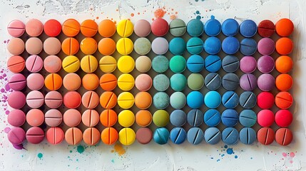 Wall Mural - Pills organized by color in a painter's palette, top-down view, vivid hues, neat arrangement, sharp focus, clean white background, high contrast, bright lighting, hd quality, natural look.