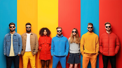 A group of stylish young adults wearing colorful outfits and sunglasses, standing against a background of vibrant vertical stripes in blue, yellow, and red.