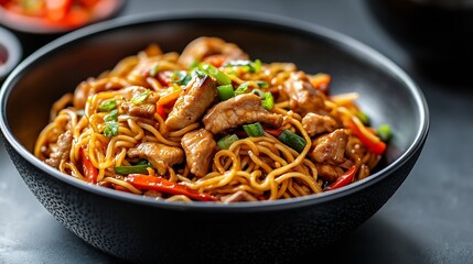 Wall Mural - Stir fry chow mein noodles with pork and vegetable in black bowl asian style food : Generative AI