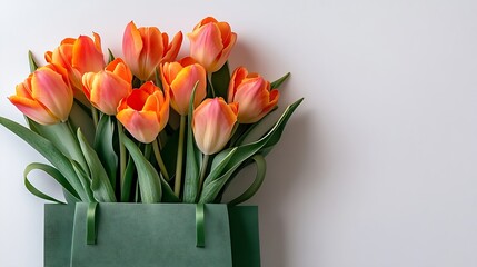 Poster - Tulip spring flowers in green bag isolated on white background Floral composition with beautiful fresh tulips Holiday present concept Flat lay copy space design element : Generative AI