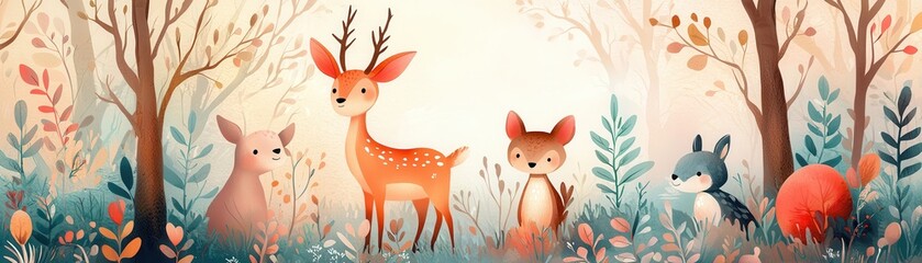 Wall Mural - Cute Woodland Animals in the Forest.