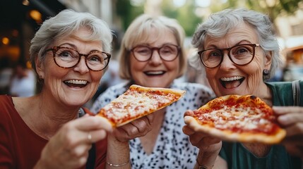 Wall Mural - Three senior women eating pizza slice sitting outside  Happy friends  enjoying street food in the city center   Life style concept with mature people having fun together hanging outdoo : Generative AI