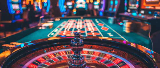 A roulette wheel in a casino with a blurred background of people playing slots and other games