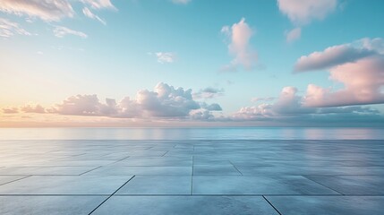 Canvas Print - empty concrete floor with tranquil coastline sky for large copy space : Generative AI