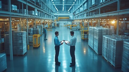 Poster - Industry 40 Modern Factory Two Engineers in Empty Warehouse Use Digital Tablet Computer with Augmented Reality Software For a Room Mapping Doing 3D Factory Floor Layout High Angle Shot : Generative AI