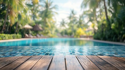 Aufkleber - Empty white ceramic mosaic table  top and blurred swimming pool in tropical resort in summer banner background  can used for display or montage your products : Generative AI