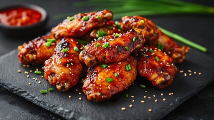 Canvas Print - Spicy korean chicken wings with sesame seeds and chives : Generative AI