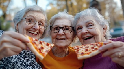 Wall Mural - Three senior women eating pizza slice sitting outside  Happy female friends  taking selfie picture with smart phone   Life style concept with mature people having fun together hanging  : Generative AI