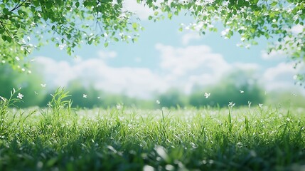 Aufkleber - Blurred photogreen tree background View of the wild grass lawn Light sky : Generative AI