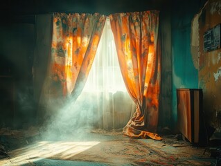 Soft, warm light illuminating a curtain, vintage theater look, rich textures, nostalgic and cozy atmosphere