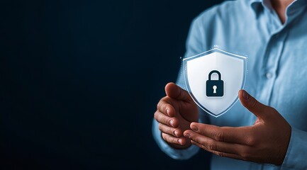 A businessman is holding a virtual digital shield with a padlock and data icon