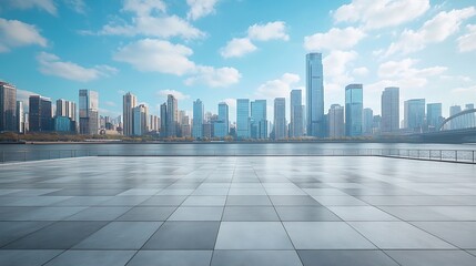 Poster - Empty square floor and bridge with city skyline under blue sky : Generative AI