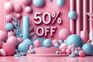 Fototapete - Abstract 50% Off text spreading across a pale pink background,