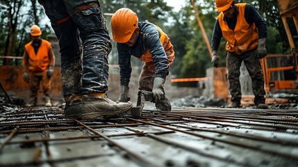 Poster - Builders workers at a house construction site are installing prepare formwork reinforcement for pouring concrete Process of work on a construction site Work at height : Generative AI