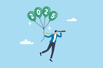 Year 2025 vision, achievement or plan for success, career target or economic forecast, aspiration to work success, new year resolution concept, businessman flying with 2025 balloons with telescope.