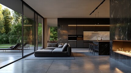 Contemporary modern home exterior and interior with floor to ceiling marble fireplace black granite countertops in the kitchen modern stylish furniture built in wall ovens custom fridg : Generative AI