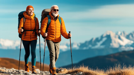 Canvas Print - Two hikers wearing orange jackets and backpacks, trekking with poles on a mountain trail with snowy peaks in the background.