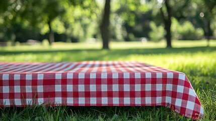 Poster - Red checkered tablecloth on grassempty space blank Food design advertisement template Picnic place Checked cloth Napking laying outdoor : Generative AI
