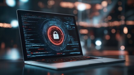 Poster - Cybersecurity Lockdown: A laptop glows with a digital lock interface, safeguarding data in a high-tech world.