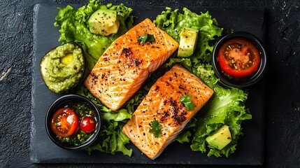 Wall Mural - Grilled salmon fish fillet and fresh green lettuce vegetable tomato salad with avocado guacamole Top view : Generative AI